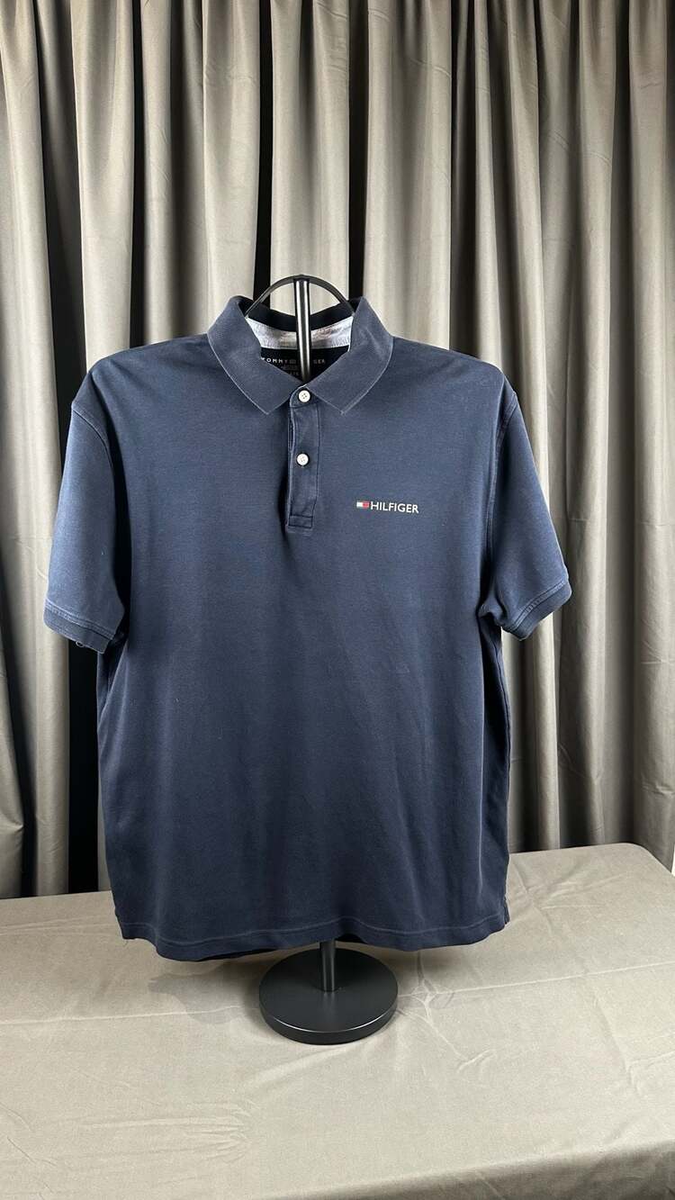 Tommy Hilfiger Polo Shirt Size L Navy Blue Cotton Logo Short Sleeve